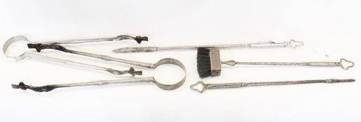 Ernest Gimson fire tongs and poker, in wrought steel, with engraved decoration, and with later