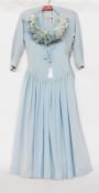 A Frederick Starke blue crape 1940's dress drop waist, bow detail to bodice with a matching