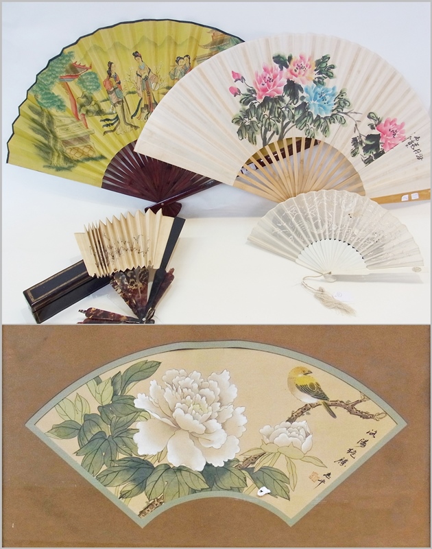 Oriental tortoiseshell embroidered fan, oriental carved bone embroidered fan, Chinese wooden painted