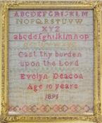 Nineteenth century sampler, with alphabet, dated 1895, in ornate gilt frame, 37 x 29cm, and an