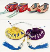 Pair Chinese silk embroidered purses, in purple and yellow embroidered silk, decorated with