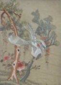 Oriental silk embroidered picture of two birds, prunus trees and flowering bushes