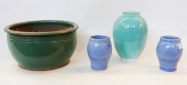 Studio pottery vase, turquoise glaze, ovoid form, marked "GM" to base, pair of Brannam vases,