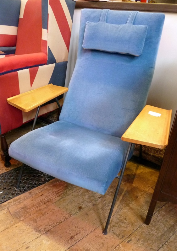 1950s chair, designed by Robin Day for Hille of London Ltd., re-upholstered in blue, with table