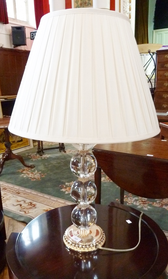 Pair modern glass and gilt metal table lamps, possibly Ralph Lauren, each with reeded metal and
