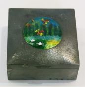 Liberty (?) enamel and pewter jewellery box, with circular enamel inset to lid of dragonflies in