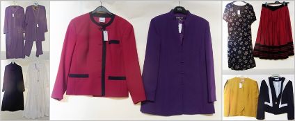 A Jacques Vert purple crape dress and matching coat, another similar, a white cotton and lace 1970's