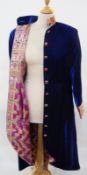 Royal blue velvet evening coat, with cutaway front, lined with original sari material, the