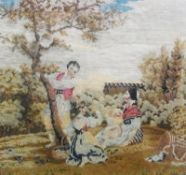 Embroidered picture depicting pastoral scene with figures