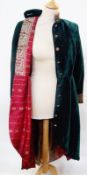 Green velvet evening coat, lined with sari material, the mandarin collar, half belt, cuffs and