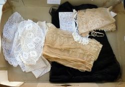 Large piece of black lace, a crochet yoke and a few pieces of undyed lace (1 box)