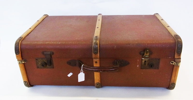 Brown canvas and wood banded school trunk