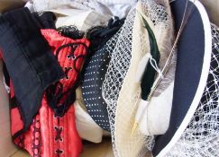 Various satin corsets, three vintage hats, blouses, shirts, petticoats, fringed skirt etc (1 box)