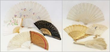 Assorted box of fans, to include mother-of-pearl and lace fan, bone and embroidered fan, wooden fans