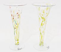 Pair LSA tall trumpet-shaped glass vases, with floral decoration, signed "I. H. B. & Jan", 55cm
