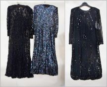 Frank Usher black lace evening gown, embroidered with beads and sequins, Frank Usher midnight blue