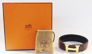 Brown leather Hermes belt, H-buckle, miniature dust bag for buckle, in original box