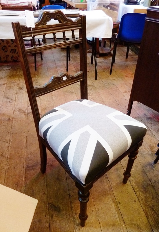 Pair early twentieth century stained oak dining chairs, with pierced splat backs and upholstered