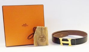 Hermes black leather belt, gilt metal "H" buckle, stamped "Hermes, Paris Made in France", Hermes