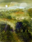 Mixed media collage on handmade paper
Janet Rogers
Stylised rural landscape in green and gold,