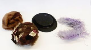 1940s satin net brown hat, trimmed with fabric leaves, a mink fur hat and a collapsed opera hat (