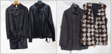 A vintage full length black leather coat, a vintage black leather bomber jacket, a rabbit fur