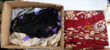 Black lace bonnet with purple ribbon, quantity of undyed lace, and other items (2 boxes)