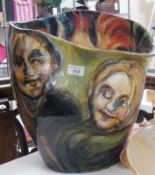 Jitka Palmer large studio pottery bowl, "Bonfire", decorated with cockerel and faces around a
