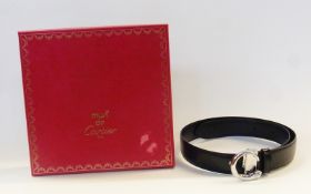 Black calf leather Le Must de Cartier belt, with chrome-coloured buckle, shaped as a panther,