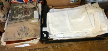 Quantity of table linen, embroidered linen, sheets etc. (2 boxes)