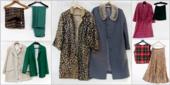 Classikem grey wool coat, with fur trim, faux fur leopard print jacket, mohair cream coat, green