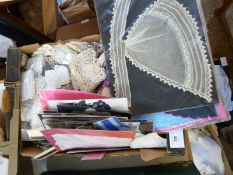 Quantity of assorted lace pieces, crochet items, a tapestry runner and other items (1 box)
