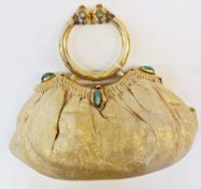 1950s/60s evening handbag, gold fabric with brass fittings and scarabs set onto fixed frame, the