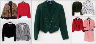 A red Austrian oiled wool jacket, a tie silk padded jacket, a "Windsmoor" black and white jacket,