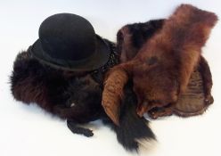 Bowler hat, a mink hat, various fox trimmings including a small shoulder cape, a scarf, a vintage