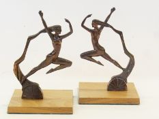 Art Deco pair of gilt spelter figures of nudes leaping, on wooden plinth base, marked "Morante" to