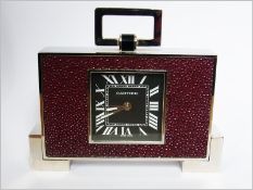 Cartier Art Deco style stainless steel and shagreen travelling clock, with folding rectangular