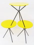 Modern set of three circular occasional tables, with yellow top and metal supports, 40cm wide