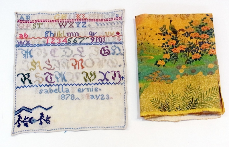 Nineteenth century sampler, with two alphabets, dated 1878, unframed, and oriental painted on