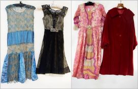Blue and silver evening dress, another, black and silver, another dress and a red velvet coat (4)