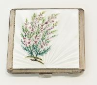 Silver and enamel 1950s compact, the enamel with a spray of heather and white enamel