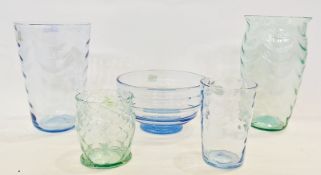 Twentieth century decorative glass, to include blue and green coloured glass vases, blue circular