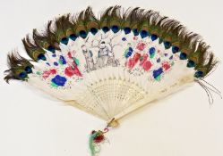 Chinese bone, white feather and peacock tipped fan, handpainted, with tassel