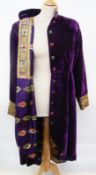Purple velvet evening coat, lined with original sari material, the buttons, half belt, mandarin