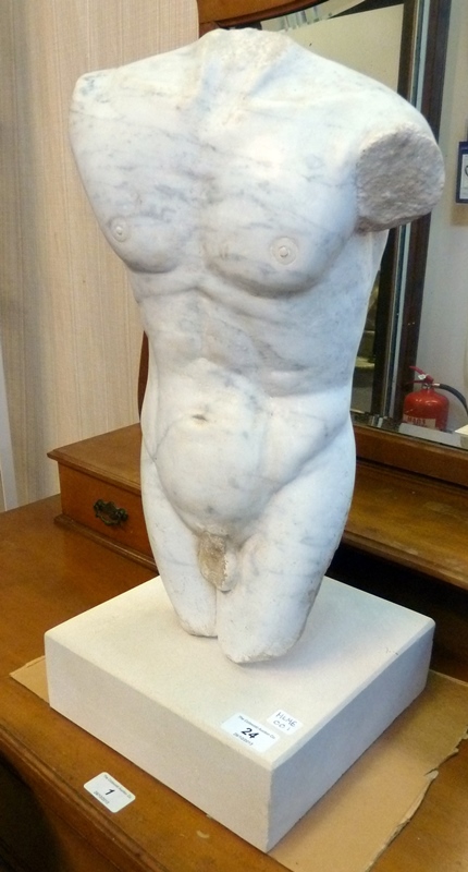 ARR

Marble male torso by Ronald Leigh Holmes (b. 1945), unsigned, on square plinth base, 52cm high