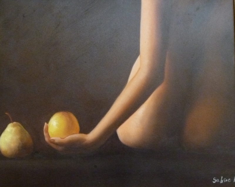 Acrylic on canvas
Sabine Kaye
Nude study with apple and pear, signed, 39 x 49cm