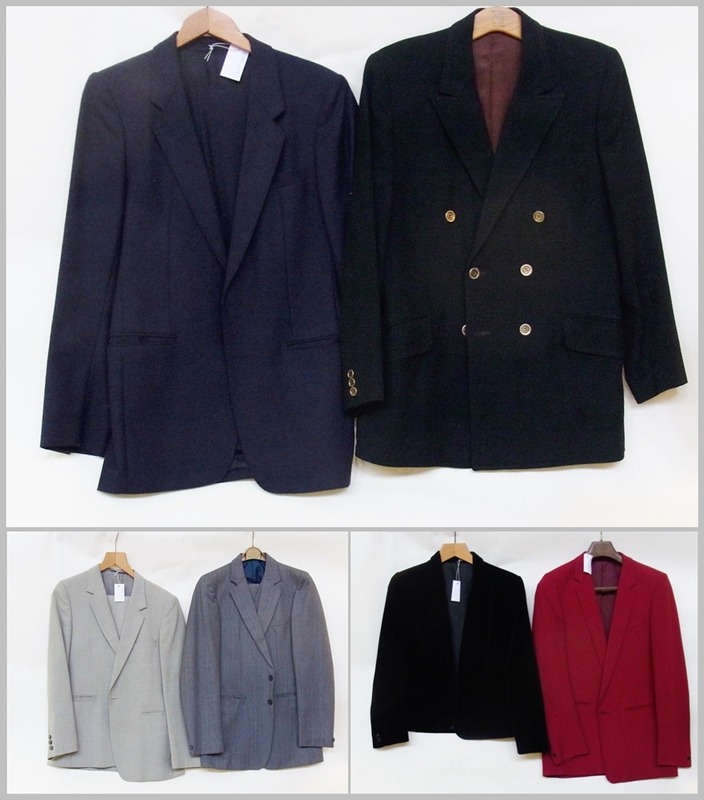A quantity of gentlemen's suits, including a black velvet jacket, a morning suit jacket, by "Harries