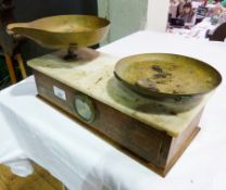 Set Parnell and Sons, Bristol, marble and inlaid wood shop scales with brass pans and dial to the