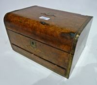 Walnut domed top sewing box, with brass inlay and removable mirror to inside and drawer to bottom