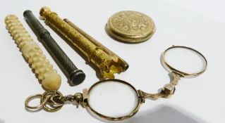 Ivory carved needle case, a rolled gold locket, two propelling pencils, pince nez and a gilt